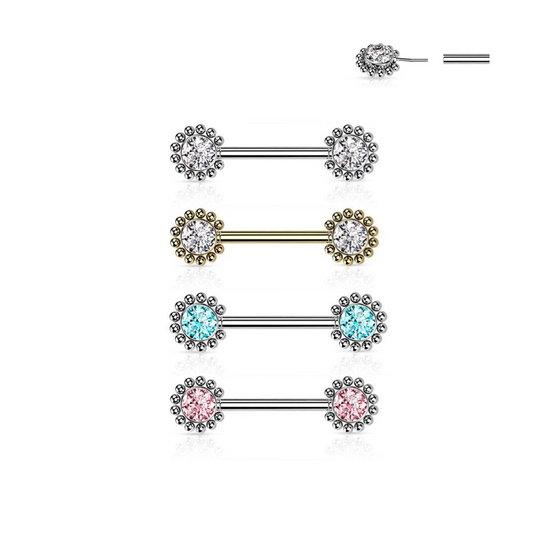 Surgical Steel Threadless Nipple Bar with Beaded Ball Edge and CZ Centre Ends