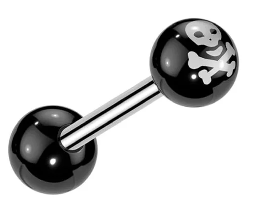 Surgical Steel Externally Threaded Skull and Cross Bone Acrylic Ball Tongue Barbell