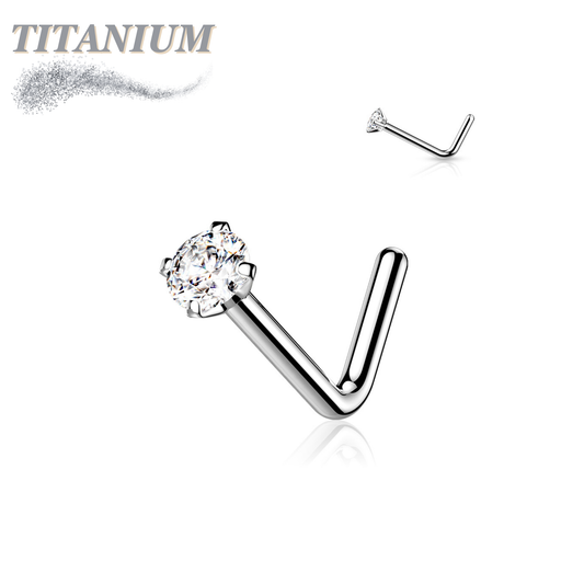 Titanium L Bend Nostril Stud with Prong Set Gem
