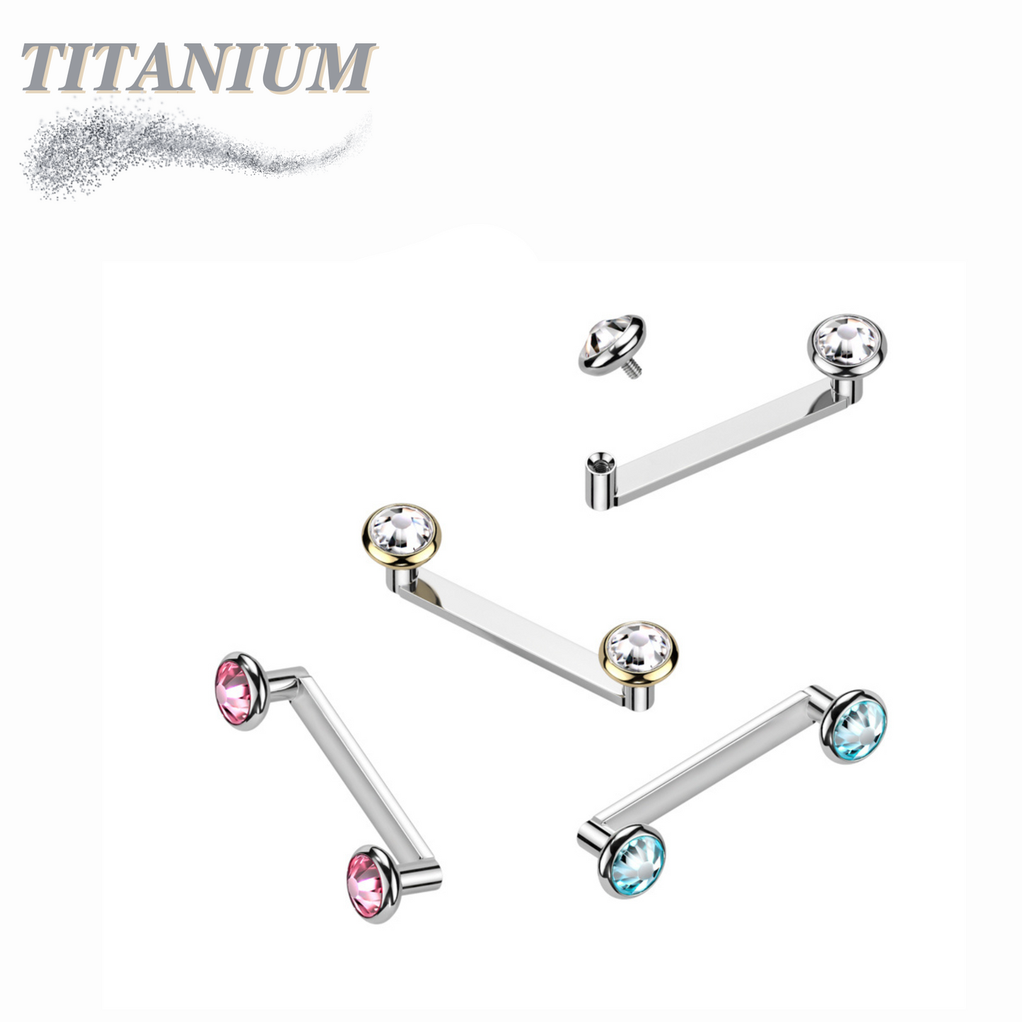Titanium Internally Threaded Flat Surface Bar with Flat Bezel Gems (2mm Rise)