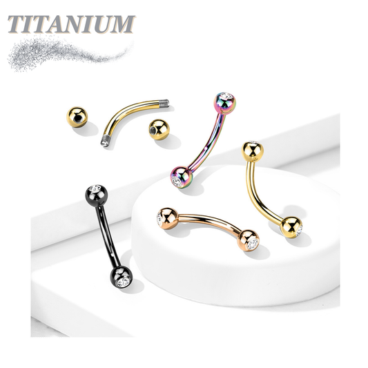 Titanium Colored Curved Barbell with Press Fit CZ Ball Ends External Thread