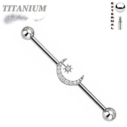 Titanium Externally Threaded Industrial Barbell w/ CZ Moon with Star