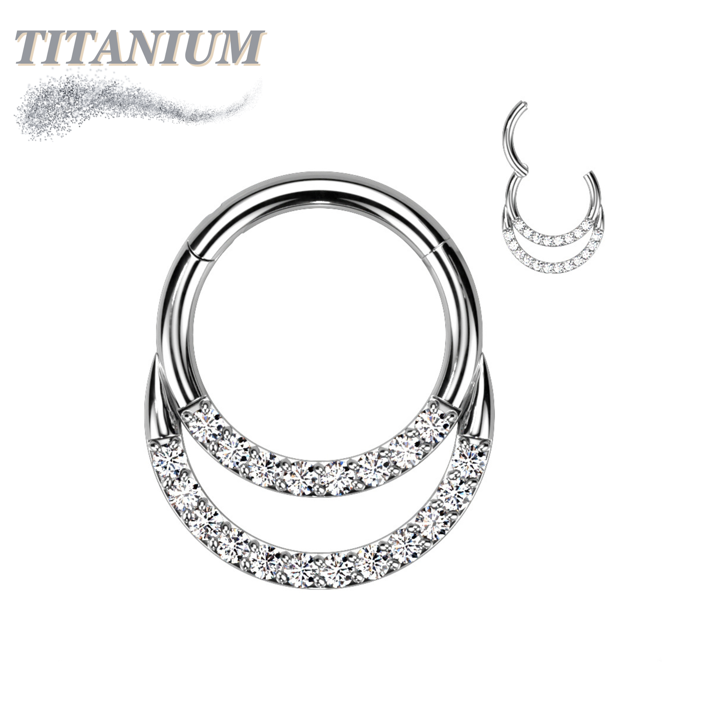 Titanium Double Ring Front Facing Cubic Zirconia Hinged Ring