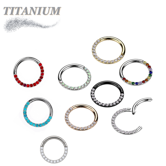 Titanium Hinged Ring with CNC Set CZ/Pearl Lined Paved Front
