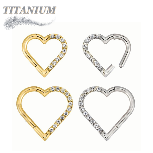 Titanium Hinged Half Paved Heart Ring with Gems for Left and Right Ear