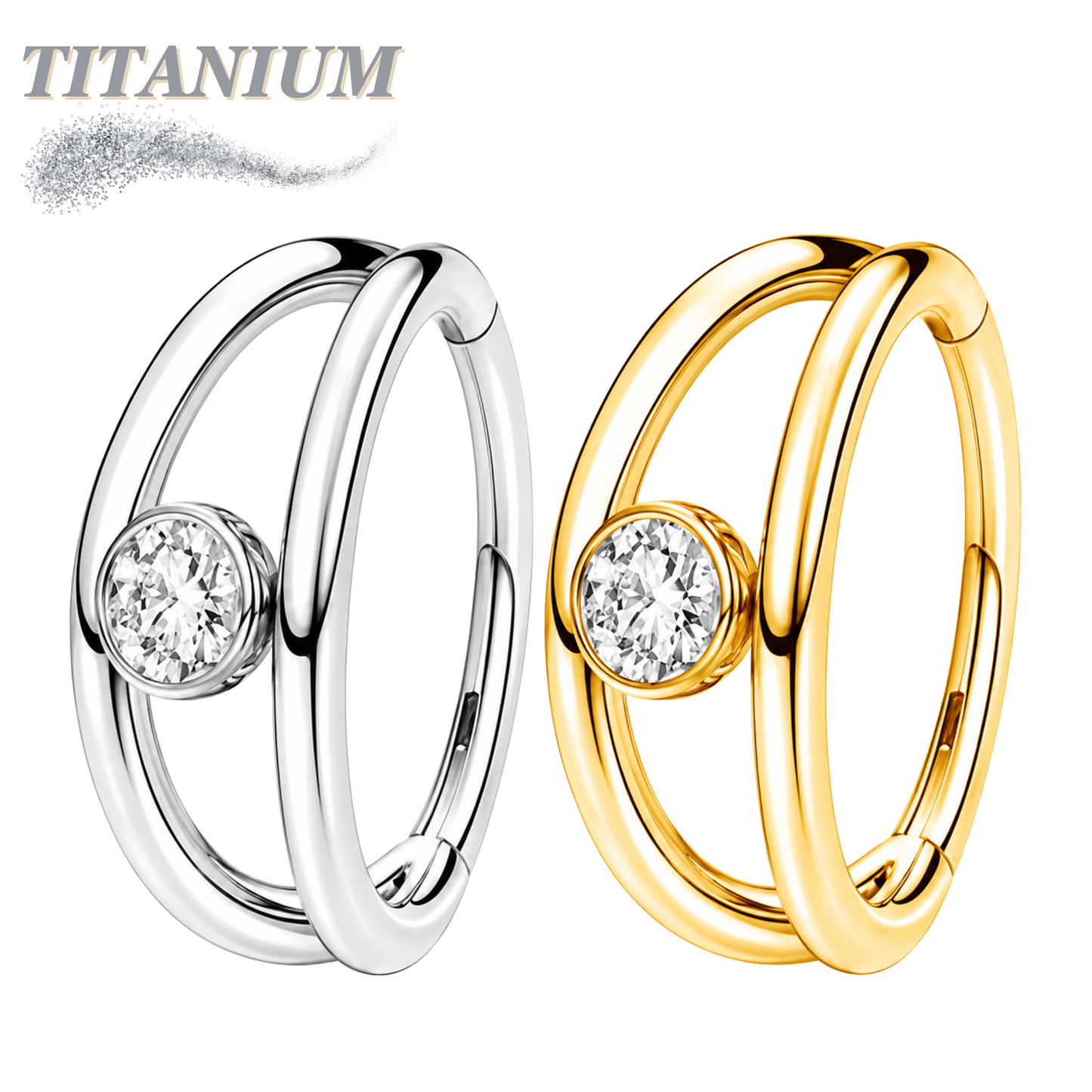 Titanium Hinged Double Split Ring w/ Bezel CZ
