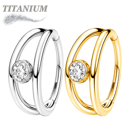Titanium Hinged Double Split Ring w/ Bezel CZ