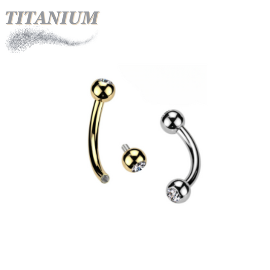 Titanium Curved Barbell Clear Bezel Gem Balls Internal Thread