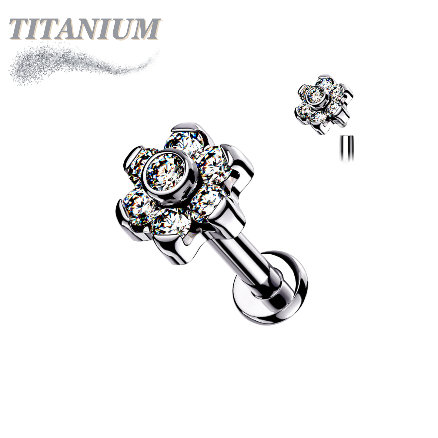 Titanium  Internally Threaded Labret w/CZ Set Flower Top