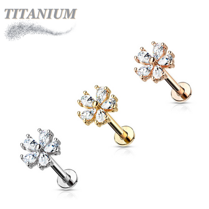 Titanium Internal Threaded Labret w/ 5 CZ Petal Opened Flower
