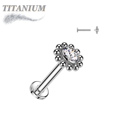 Titanium Internally Threaded Labret w/ Flower CZ Centre Surrounded by Micro Balls Top