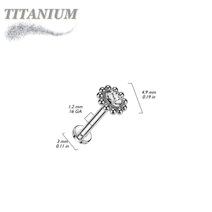 Titanium Internally Threaded Labret w/ Flower CZ Centre Surrounded by Micro Balls Top