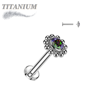 Titanium Internally Threaded Labret w/ Flower CZ Centre Surrounded by Micro Balls Top