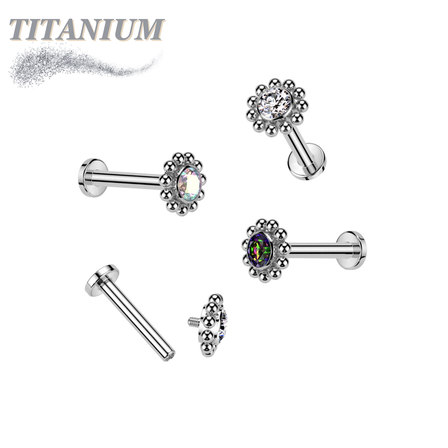 Titanium Internally Threaded Labret w/ Flower CZ Centre Surrounded by Micro Balls Top