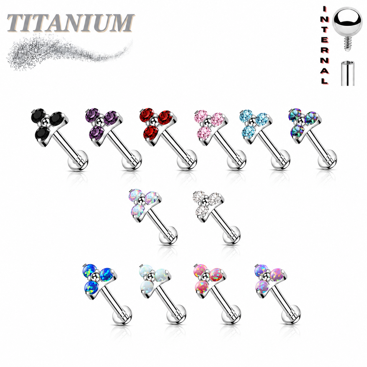 Titanium Internal Thread Opal or CZ Trinity Triangle Labret