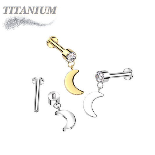 Titanium Internal Thread Labret with CZ and Crescent Moon Dangle