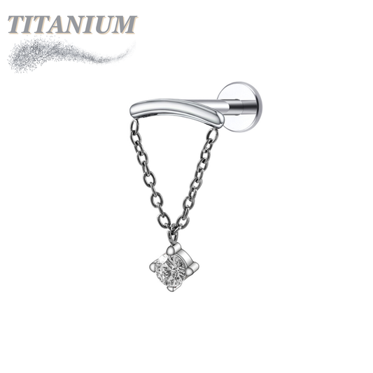 Titanium Hidden Helix Round CZ Dangle on Single Chain Drape Internal Thread Labret