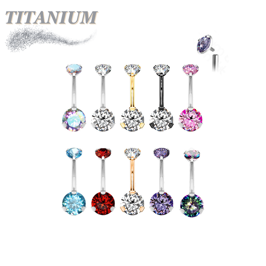 Titanium Prong Clasped Round CZ Belly Bananas Internally Threaded