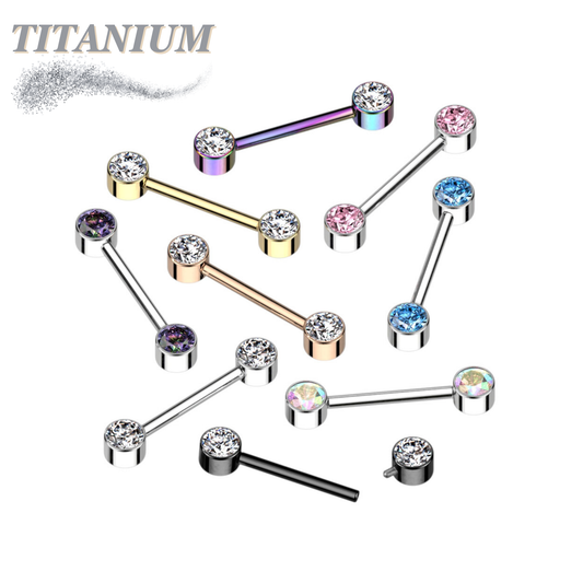 Titanium Nipple Barbell with Forward Facing CZ Bezel Set Internally Threaded Ends