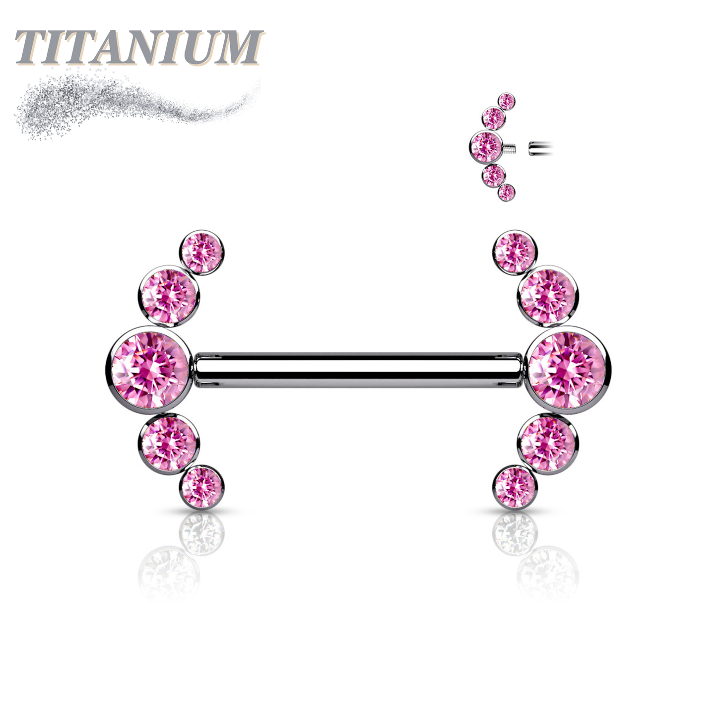 Titanium Nipple 5 CZ Curve Ends Internal Threaded Barbell