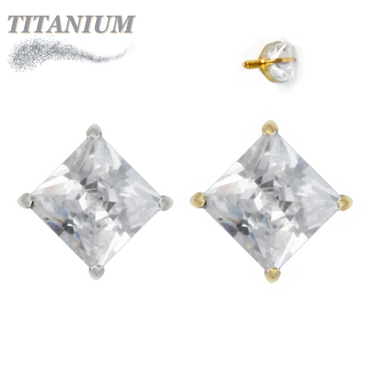 Titanium Internally Threaded Square Gem (Princess Cut) in Claw Set - (Top Only)