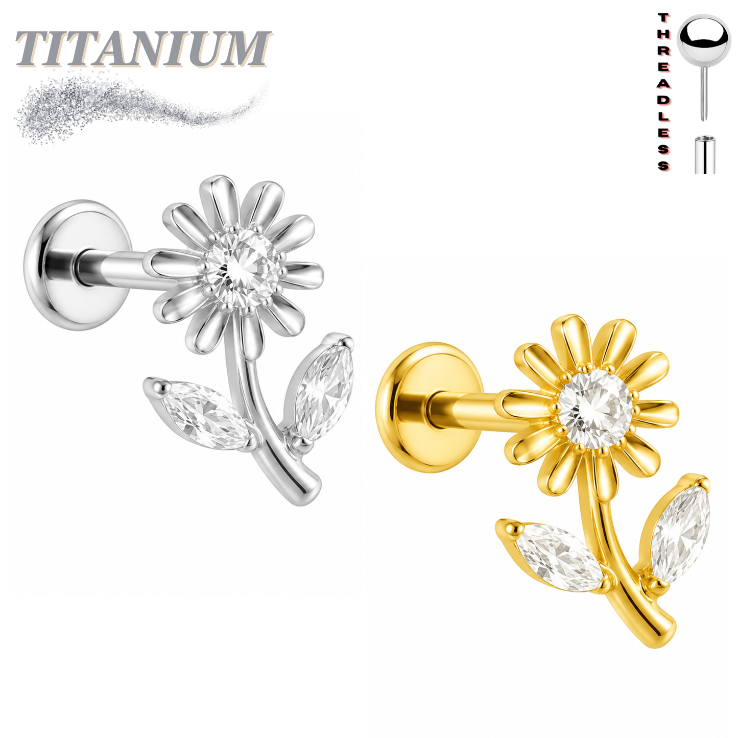 Titanium Threadless Labret w/ Tall CZ Flower