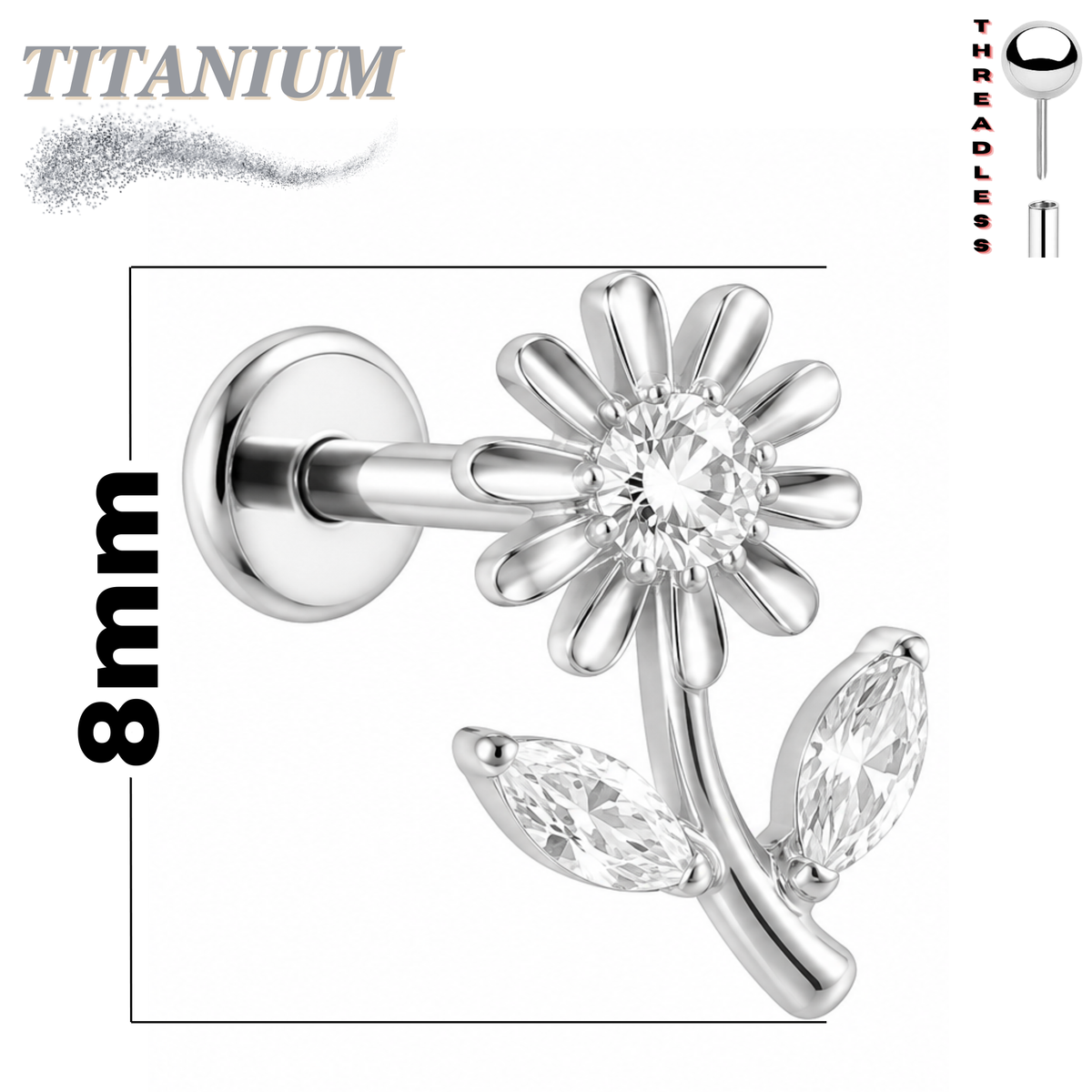 Titanium Internally Threaded Labret w/ Tall CZ Flower