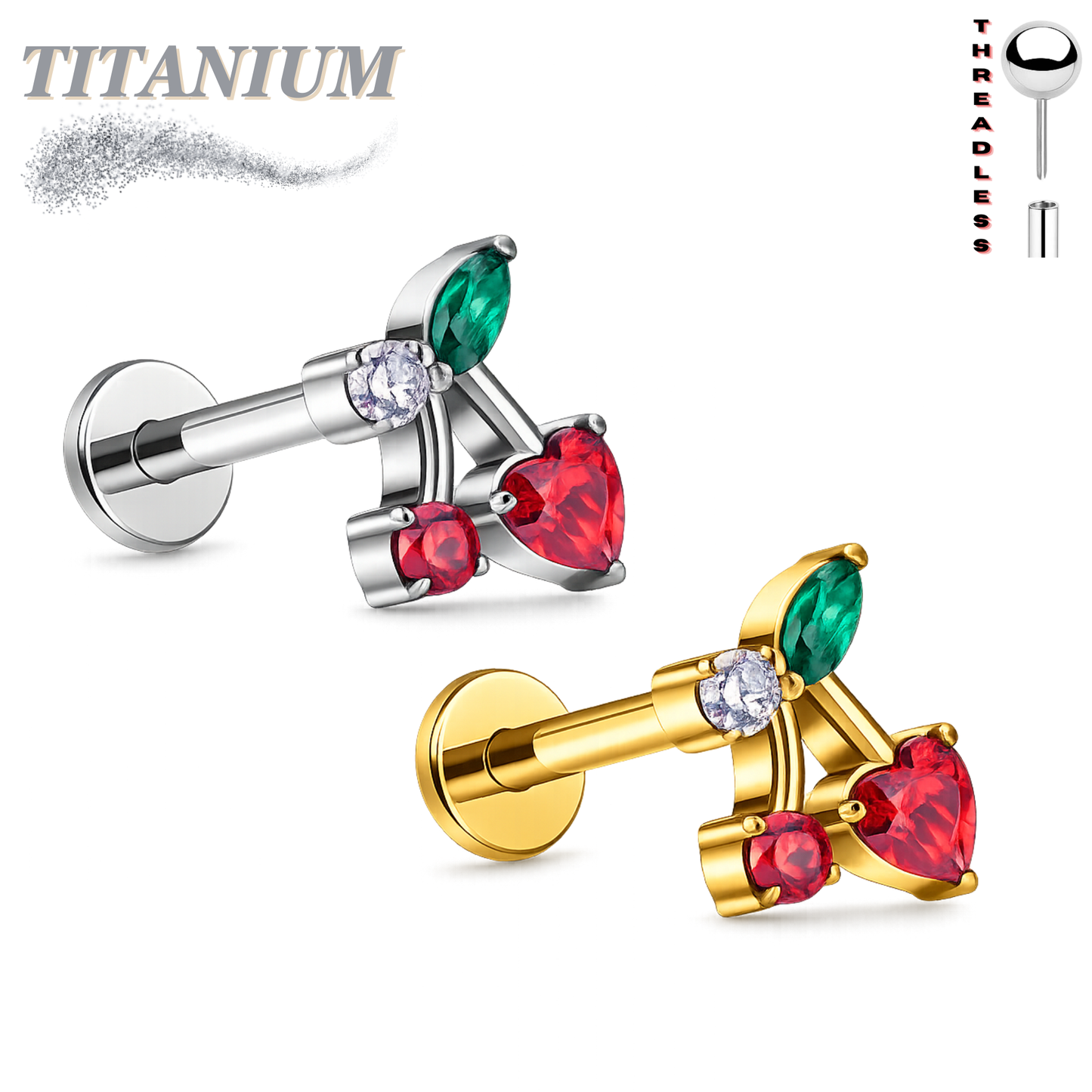 Titanium Threadless Cherry CZ Labret