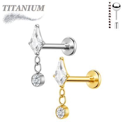 Titanium Threadless Labret w/ CZ Stiletto Kite & Bezel Dangle
