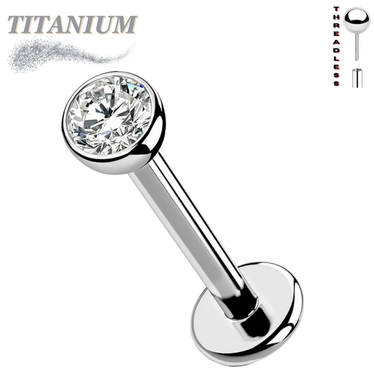 Titanium Threadless Labret with CZ Bezel Set Top (4mm Base)