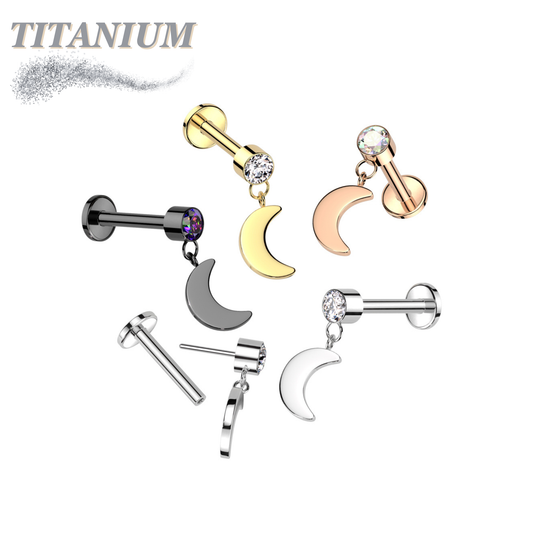 Threadless Titanium Round Bezel with Dangle Crescent Moon Labret Combo