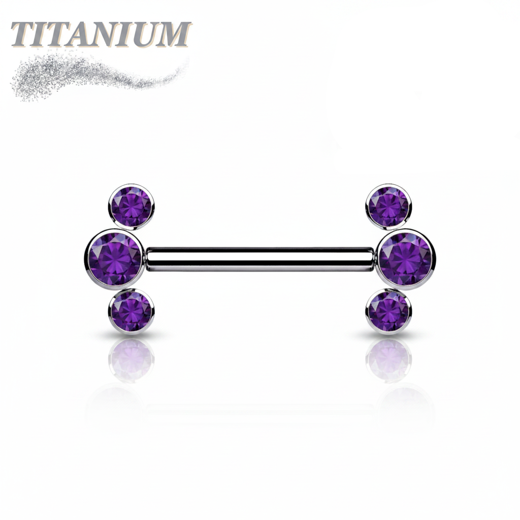 Titanium Threadless Nipple Barbell with 3 Bezel Set CZ Curved Ends