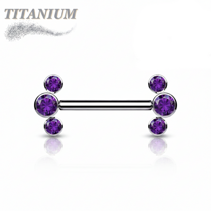 Titanium Threadless Nipple Barbell with 3 Bezel Set CZ Curved Ends