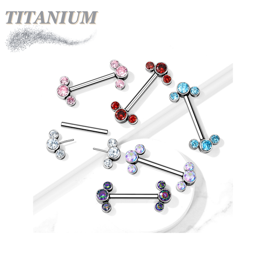 Threadless Titanium Nipple Barbell with 3 Bezel Set CZ Curved Ends