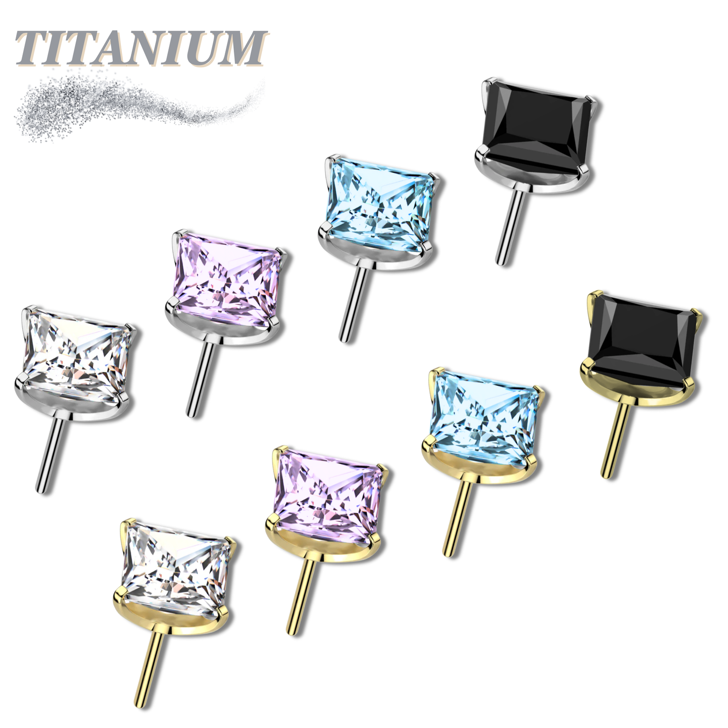 Titanium Threadless Square (Princess Cut) Gem in Claw Set  (Top Only)