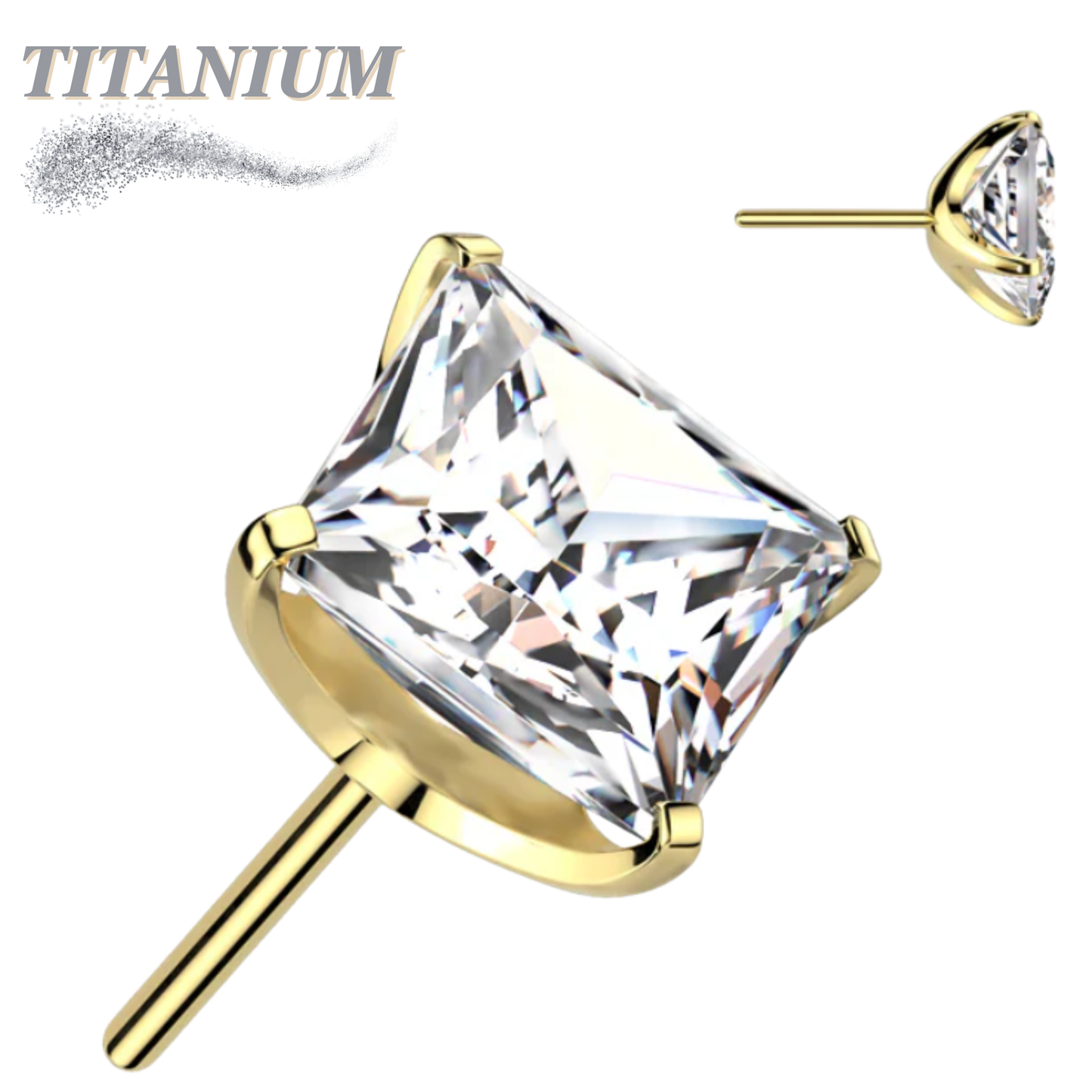 Titanium Threadless Square (Princess Cut) Gem in Claw Set  (Top Only)