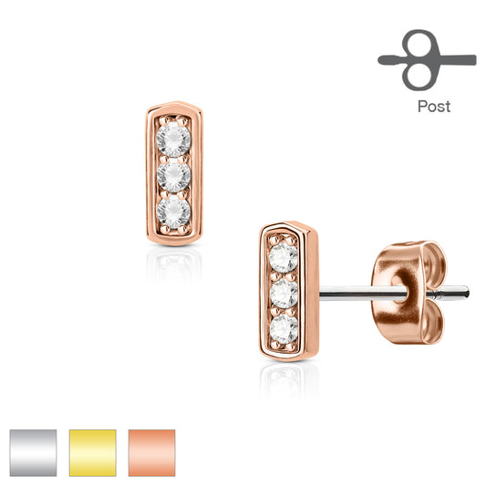 CZ Triple Set Square Bar Surgical Steel Earrings