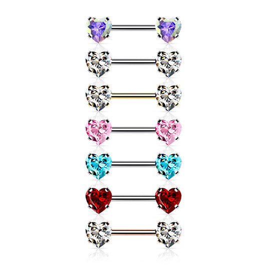 Threadless Surgical Steel Nipple Barbell Combo with Heart Gem Ends
