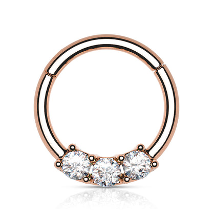 Surgical Steel Hinged Ring with Front Facing Prong Clasp 3 Gems