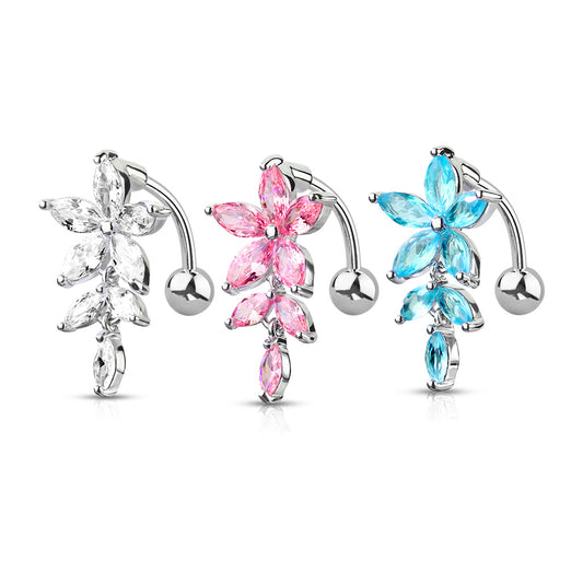 Belly Banana Surgical Steel Marquise CZ Flower & Vine Top Down External Thread