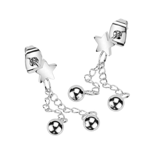 Surgical Steel Star Earrings with 2 Chain Drop Ball Dangles