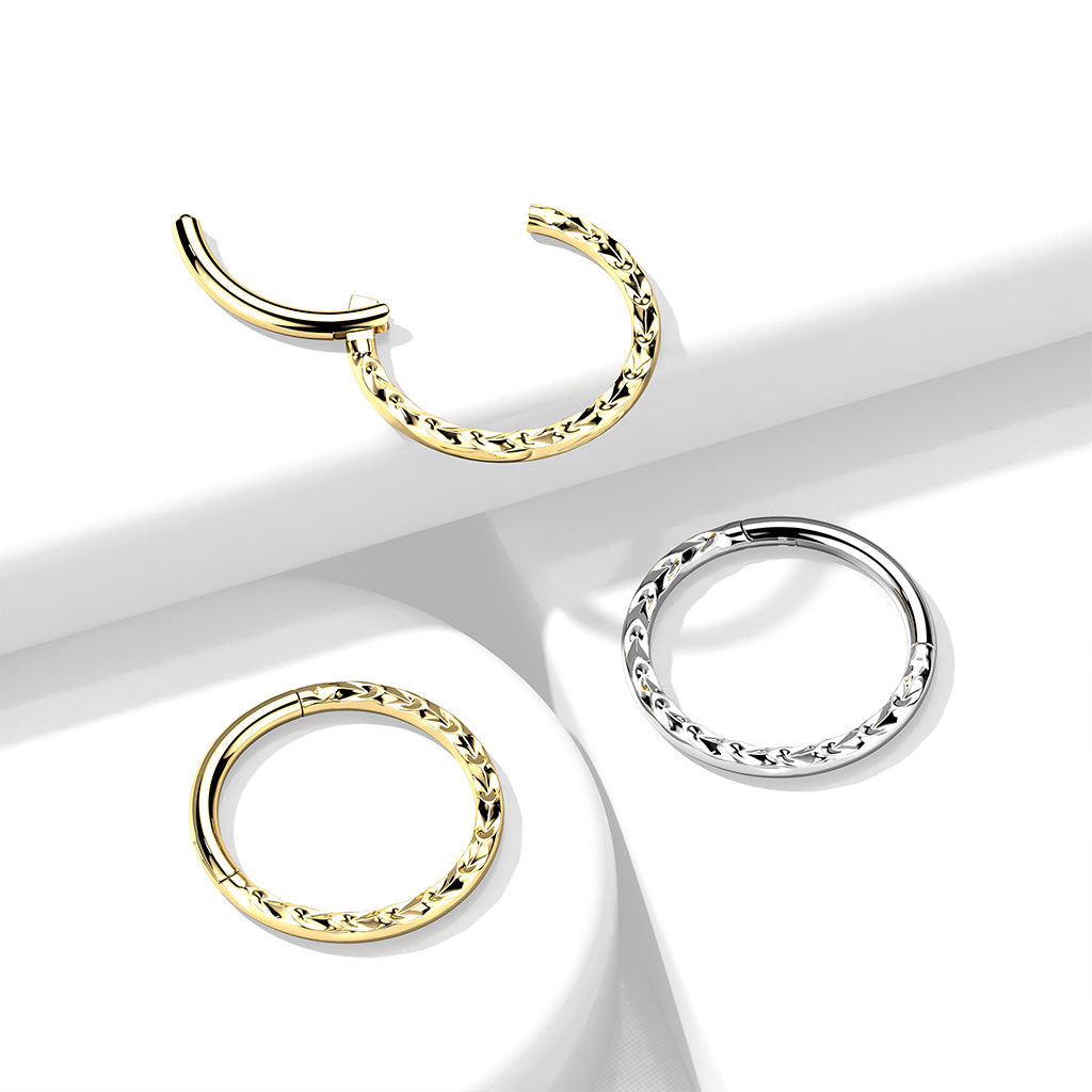 Surgical Steel Hinged Ring with Chevron Cut Front