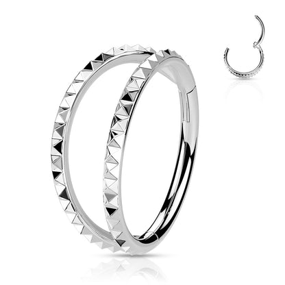Surgical Steel Hinged Double Separated Row Pyramid Cut Ring