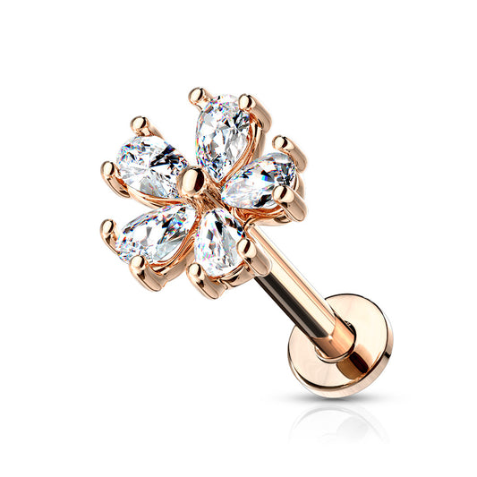 Surgical Steel/Brass Internally Threaded Labret w/ 5 CZ Petal Opened Flower (CLEARANCE)