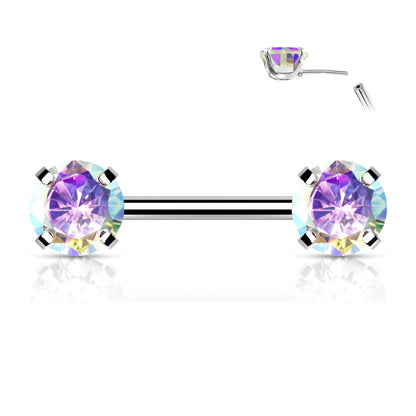 Surgical Steel Threadless Nipple Bar with Prong Set CZ Ends